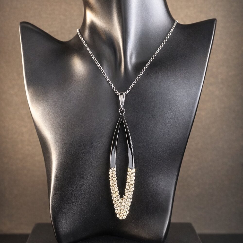Joan Rivers Black Enamel & Pave Crystal Teardrop Dangle Pendant | Silver Tone